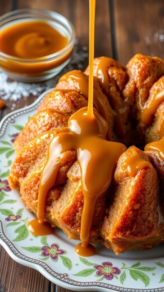 Butterscotch Pudding Monkey Bread Recipe Golden-brown monkey bread drizzled with butterscotch sauce on a rustic plate.